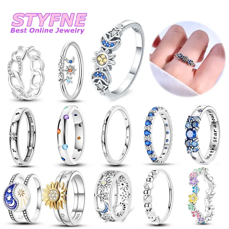 Original 925 Sterling Silver Beautiful Stars and Moon Shining Sun Geometry Infinite Combination Ring Boutique Matching Gifts