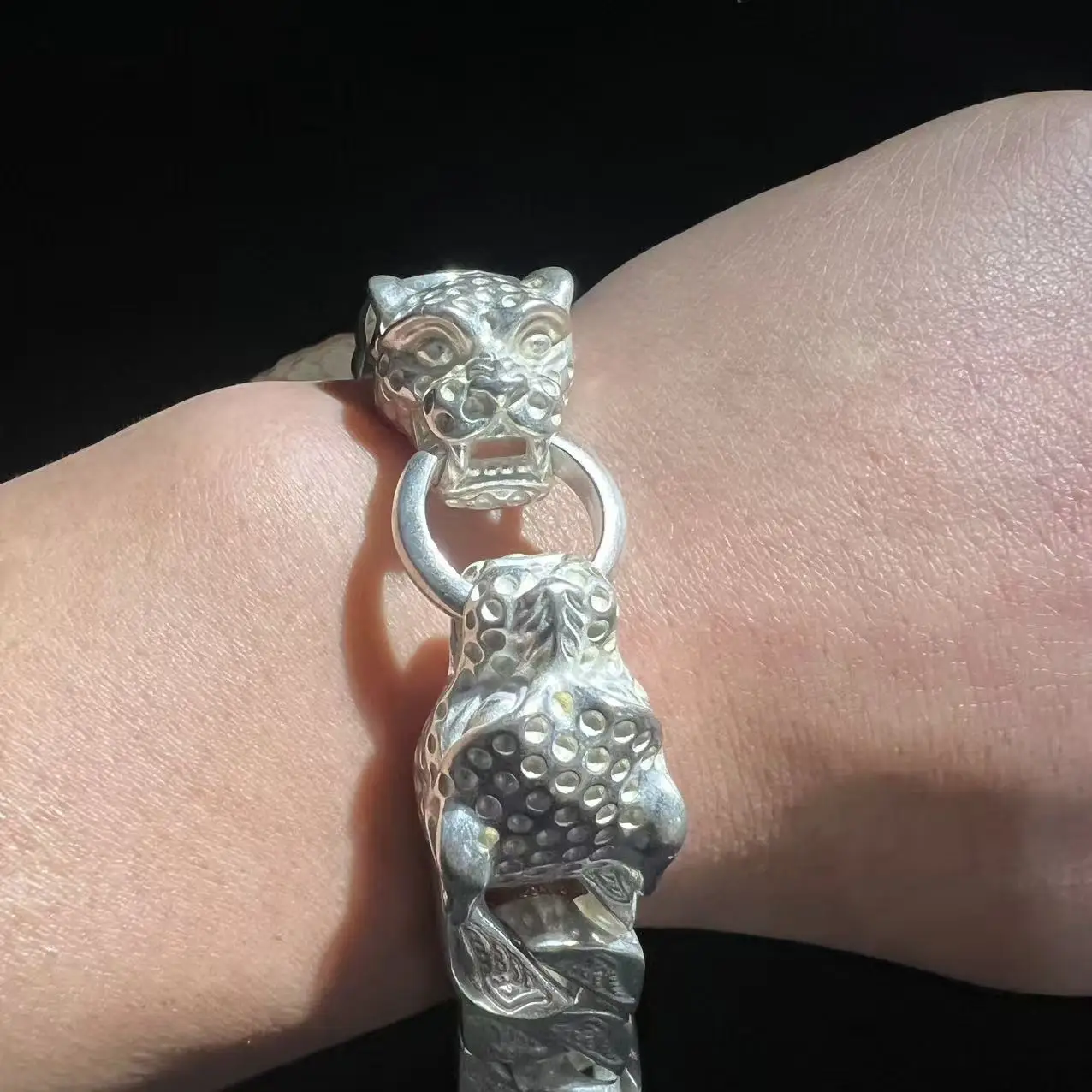 S925 Tibetan Silver Double Leopard Bracelet for Men, Vintage Hip Hop Domineering Jewelry, Personality Gift