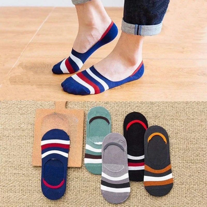 

5 Pairs Stripe/Solid/Dots Men Cotton Boat Socks Summer Thin Invisible Women Silicone Non-slip Socks for Sports