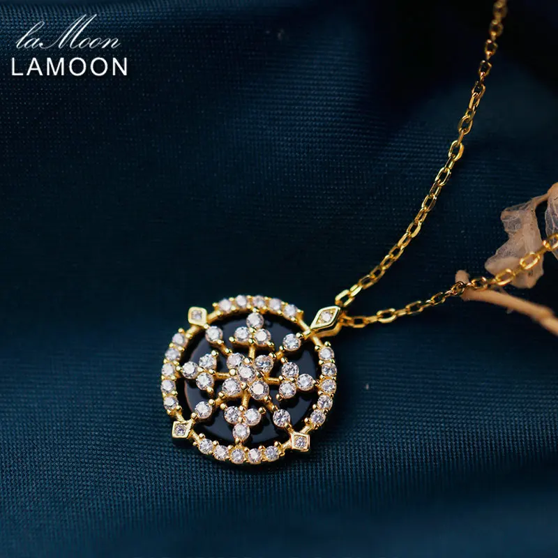 LAMOON S925 Sterling Silver Black Agate Necklace For Women Vintage Compass Natural Gemstone Vermeil Pendant Chain Gold Plated