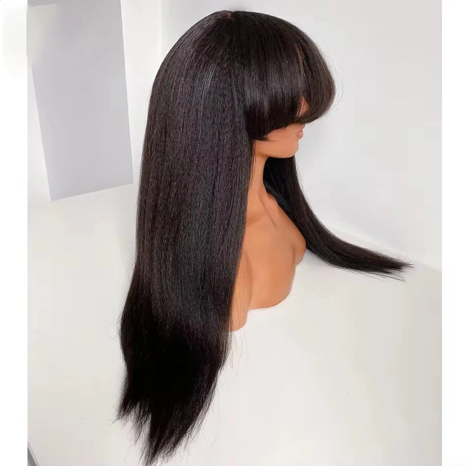 MXWIG Synthetic Hair Bangs Yaki Straight Glueless  Lace Front Wig For Black Women Preplucked 26 