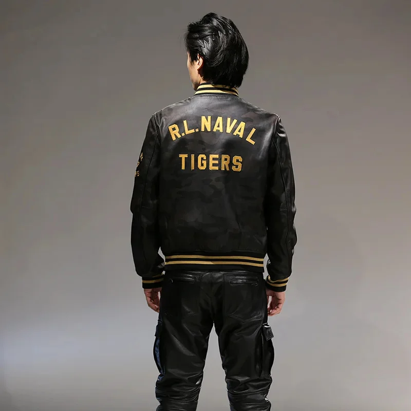 Top Herren Qualität Stehkragen Echt lederjacke Baseball Tiger Stickerei Mode Freizeit erste Schicht Rindsleder Mantel