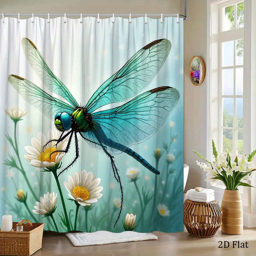 1pc 2D Flat Blue Green Dragonfly Shower Curtain Dragonfly with Blue and Green Wings Perched Among White Flowers with Soft Teal B