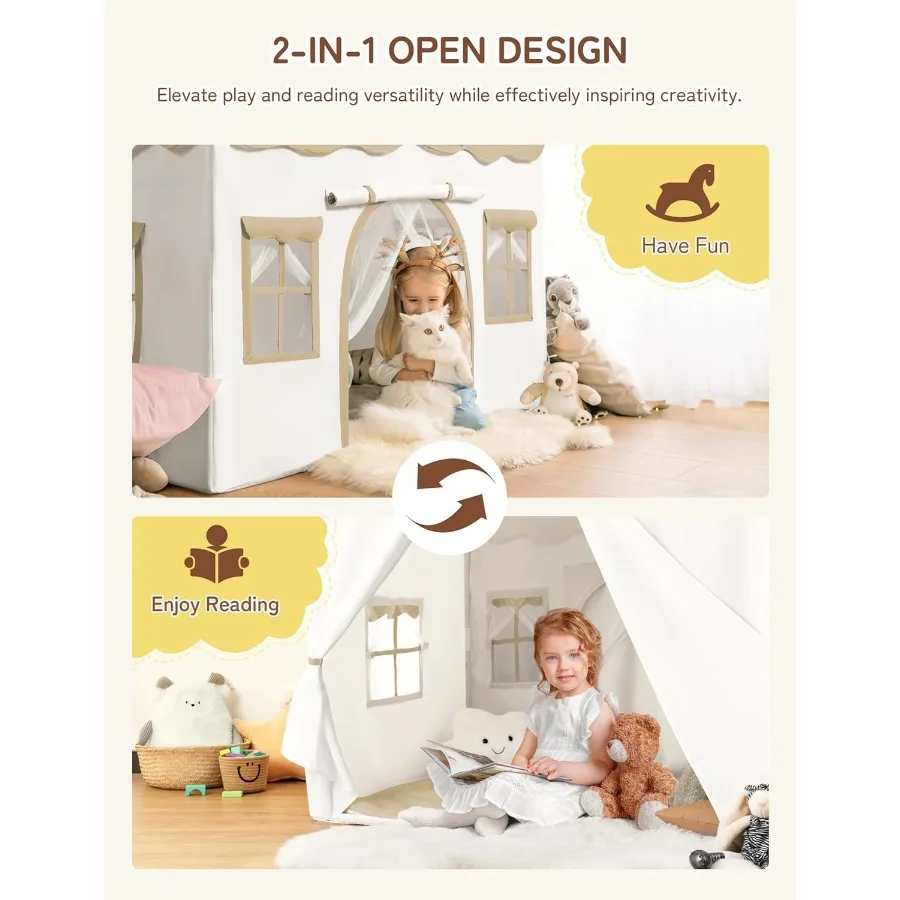 Play Tent 2 in 1 with Padded Mat and Lights Large Indoor Outdoor Playhouse with 2 Doors 4 Windows Christmas Toddler Tent Brown