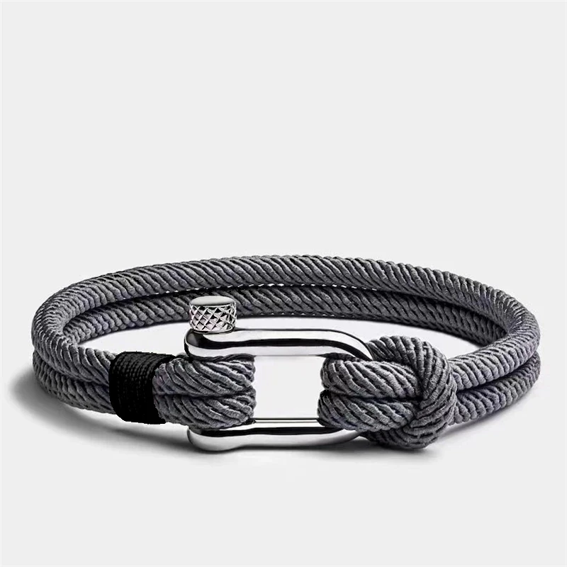 Male Silver Color Stainless Steel U Shape Survival Bracelet Outdoor Camping Rescue Emergency Shackle Rope Bracelet For Men Women