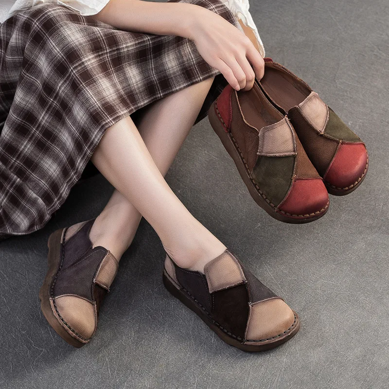 

Women Genuine Leather Loafers Mixed Colors Slip On Flat Shoes Handmade Retro Style Soft Round Toe Ladies Casual Shoes