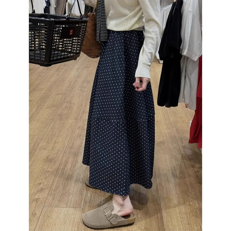Blue Polka Dot Maxi Skirt Women's Spring Summer 2025 New High Waist Long Thin Large Size A-Line Skirt Cover Hip Slimming