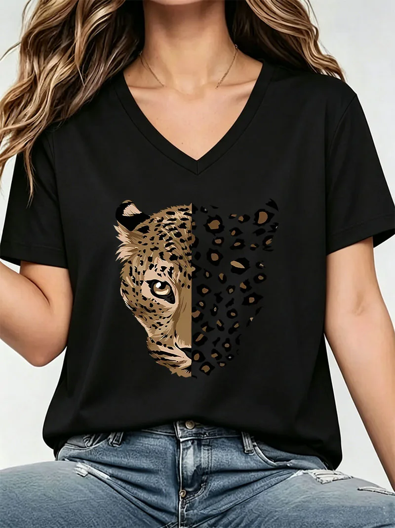 Fashion Streetwear Tiger Print Y2k T-shirt V Neck Casual T Shirts 90s Women Short Sleeve Graphic Tee Shirt V-Neck Summer Spring
