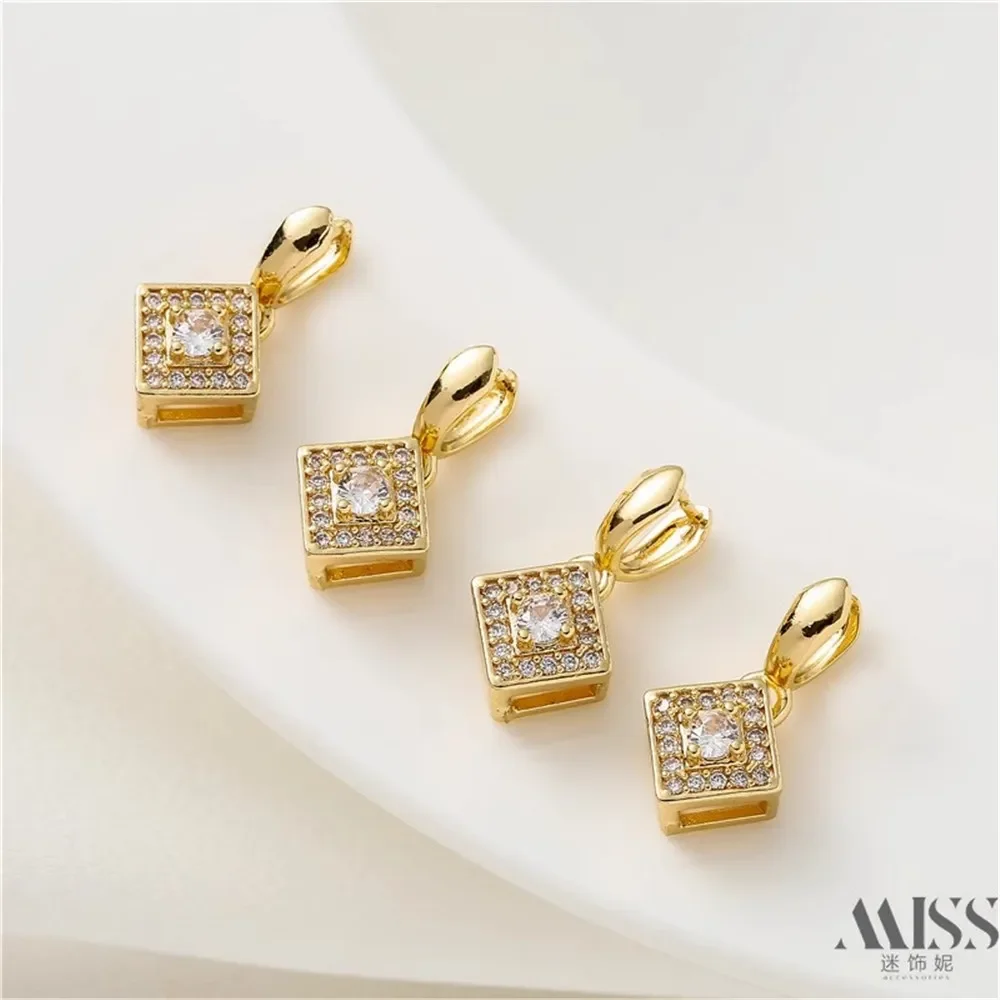 14K Gold-plated Zircon Square Pendant Clip DIY Accessory, Handmade Bead Clip Pendant Necklace, Headwear Material