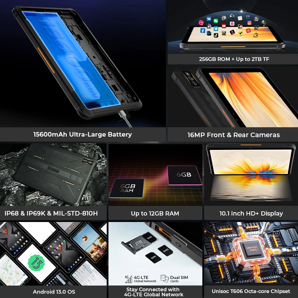 Global HOTWAV Tab R7 Rugged Tablet 15600mAh Battery 6GB 256GB Smart Pad OTG Reverse Charge 16MP 10.1 Inch HD+ Tablets PC Android
