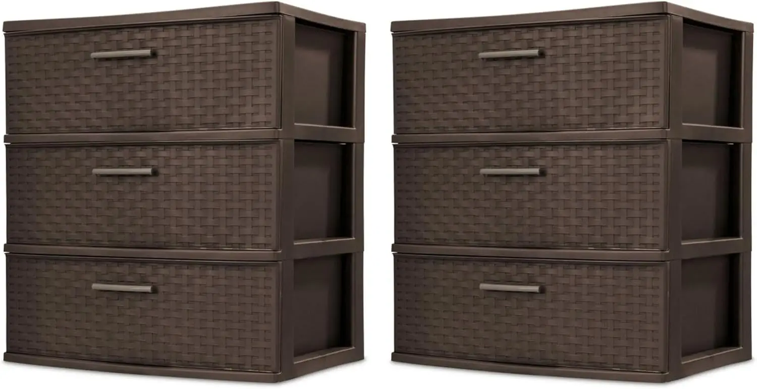 3 Drawer Wide Weave Storage Tower, Plastic Drawers to Organize Clothes in Bedroom, Brown with Brown Drawers, (2 Pack)