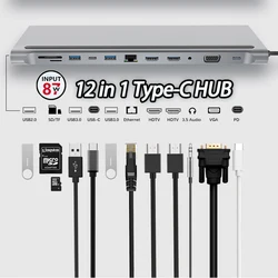 12 w 1 USB-C stacja dokująca potrójny Monitor z HDMI1.4 * 2 + VGA + USB3.0/2.0 + RJ45 100M + SD/TF + PD + typ C dla Mac Pro/Air DELL ASUS