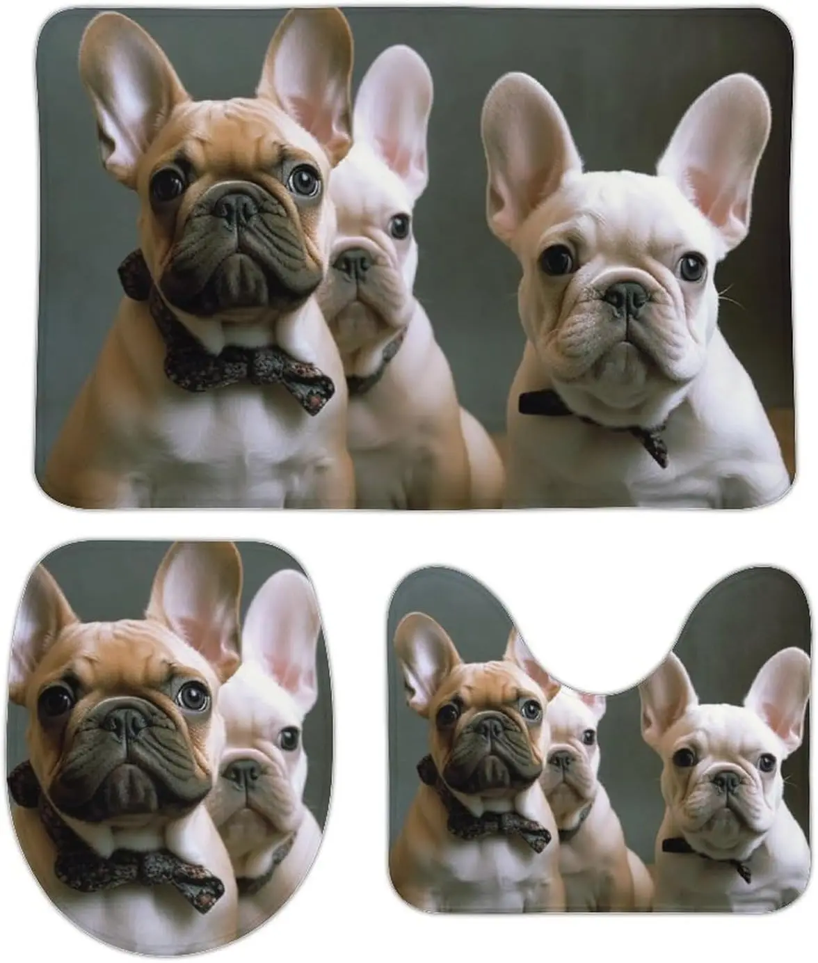 3 Piece Bath Rug Set Non Slip Absorbent Bath Mat Contour Mat with Toilet Lid Cover French Bulldog Puppies Soft Floor Mats for