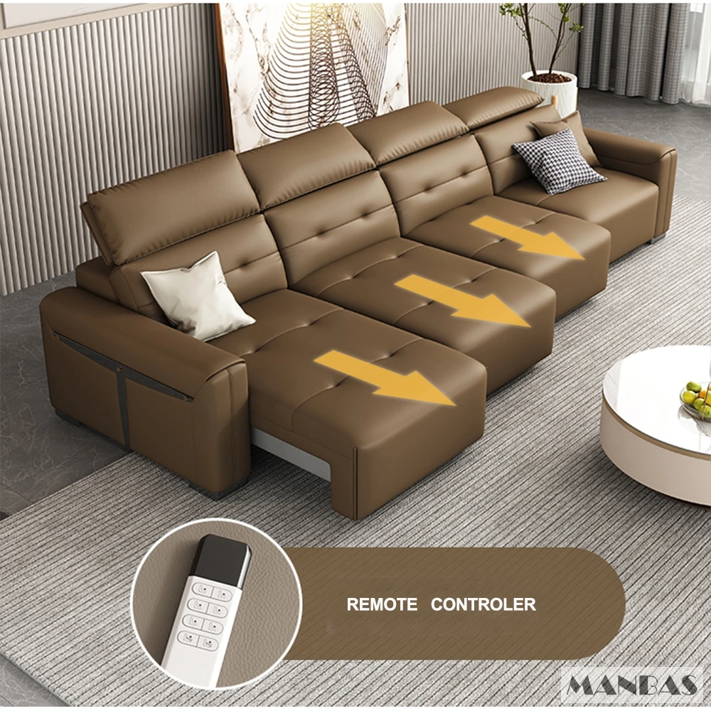 Genuine Leather Electric Convertible Sofa Bed with Adjustable Headrest, Multifunctional Folding Sofa Beds for Cinema Living Room