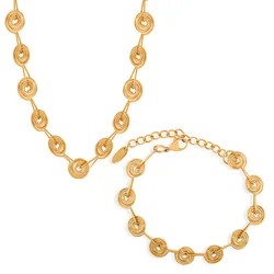 Fashion Round Pendant Chain Necklace for Women 316L Stainless Steel Gold Plated Bangle Jewelry Set Gift Hip Hop Accessories