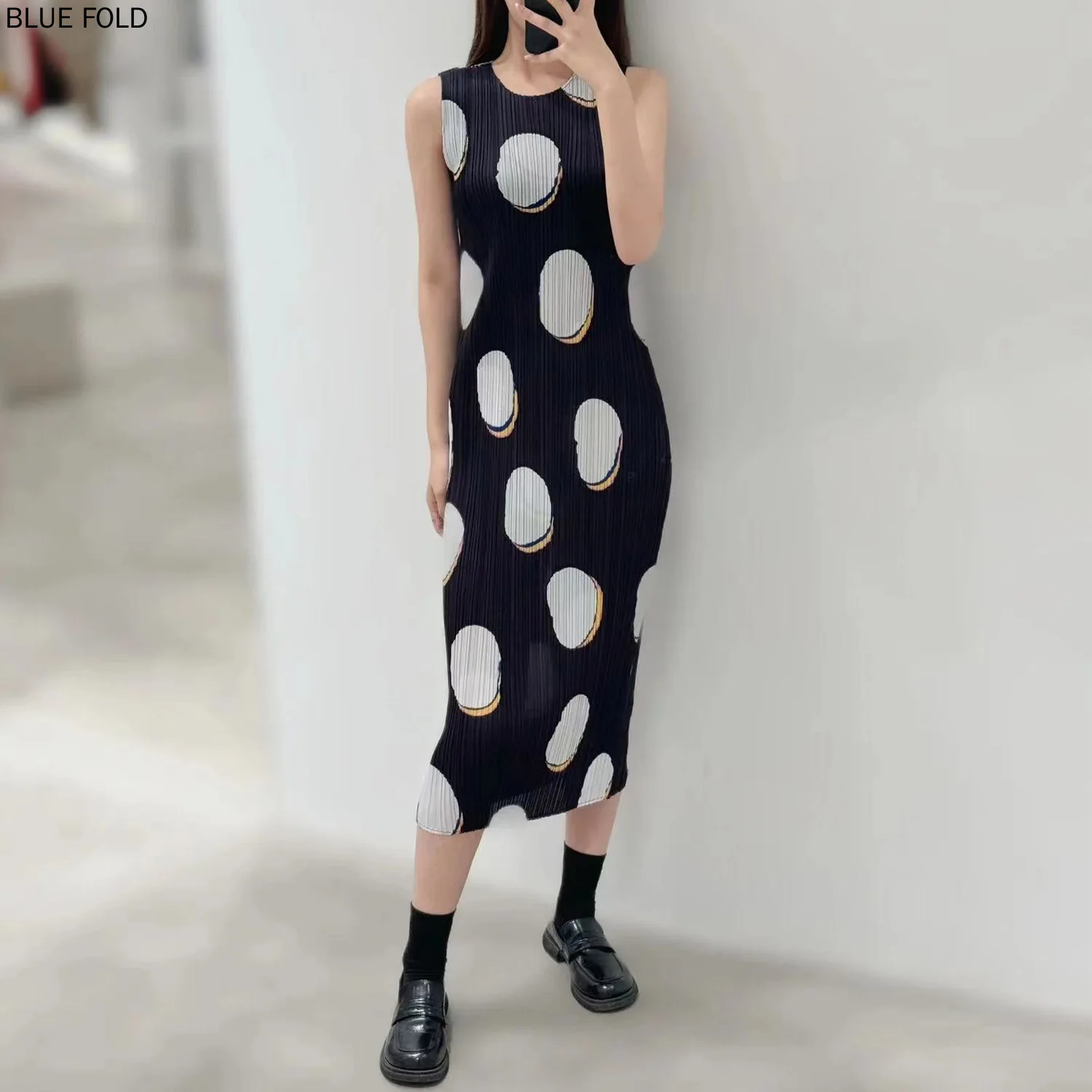 

Miyake Polka Dot Vest Dress Spring and Summer New PP Fudou Series Pleated Art Sleeveless Dress for Women Elegant Vestido Robe