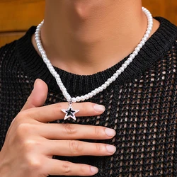 Salircon Simple Handmade Imitation Pearl Beaded Short Necklace Men's Fashion Rhinestone Star Pendant Choker Punk Party Jewelry