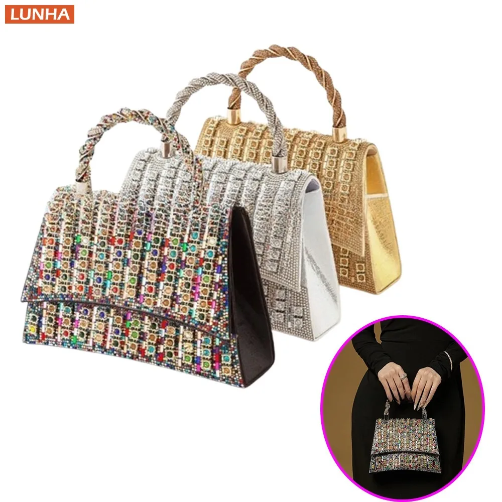 

Женская роскошная вечерняя сумка, вечерний клатч, кошелек с разноцветными бриллиантами, ремешок-цепочка, дизайн с клапаном