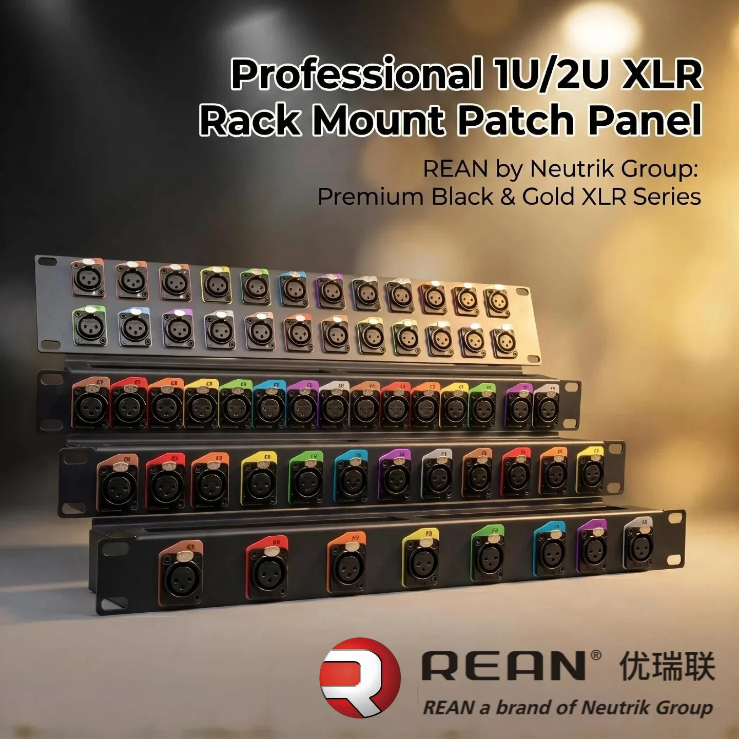 1U 8-Channel XLR Audio Patch Panel with REAN by Neutrik Gold-Plated Sockets, Integrated One-Piece Cable Management, 19 Inch