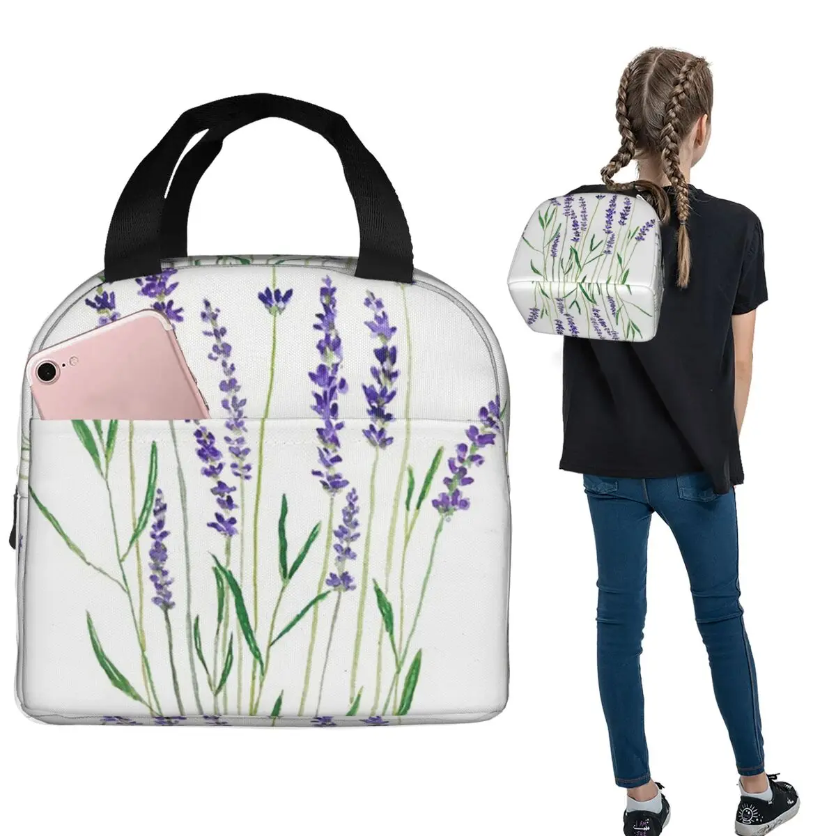 Hand Painted Purple Lavender Insulated Lunch Bag for Women Children Portable Food Boxes Thermal Lunch Box Tote