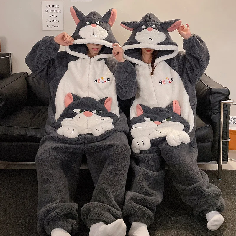 Kigurumi Cat Onesie Winter Warm Sleepwear Women Men Pajamas Thicken Couple Pijamas Cartoon Night Wears For Women Hooded Homewear