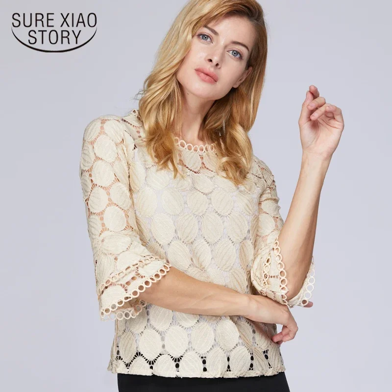 Summer Lace Flare Sleeve Chiffon Women Blouse New Casual Solid Hollow Out Shirt Elegant Top Spring Casual Clothing