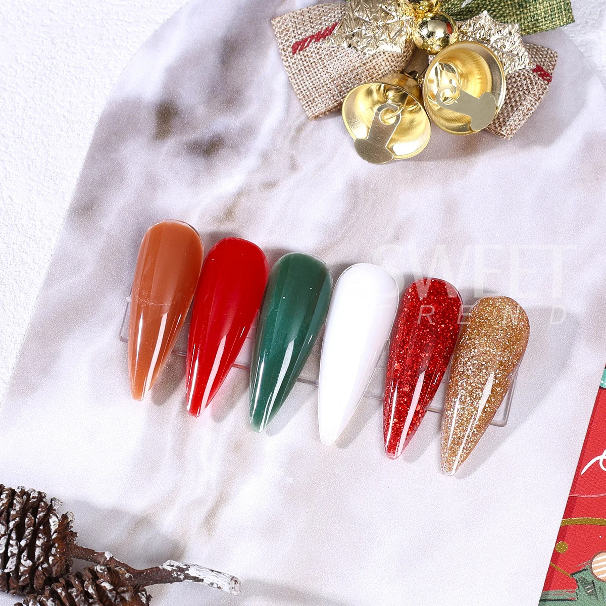 Polvo acrílico para uñas de Color navideño, 6 uds., verde, rojo, cristal dorado brillante tallado, lentejuelas de construcción, extensión de manicura, polvo de inmersión