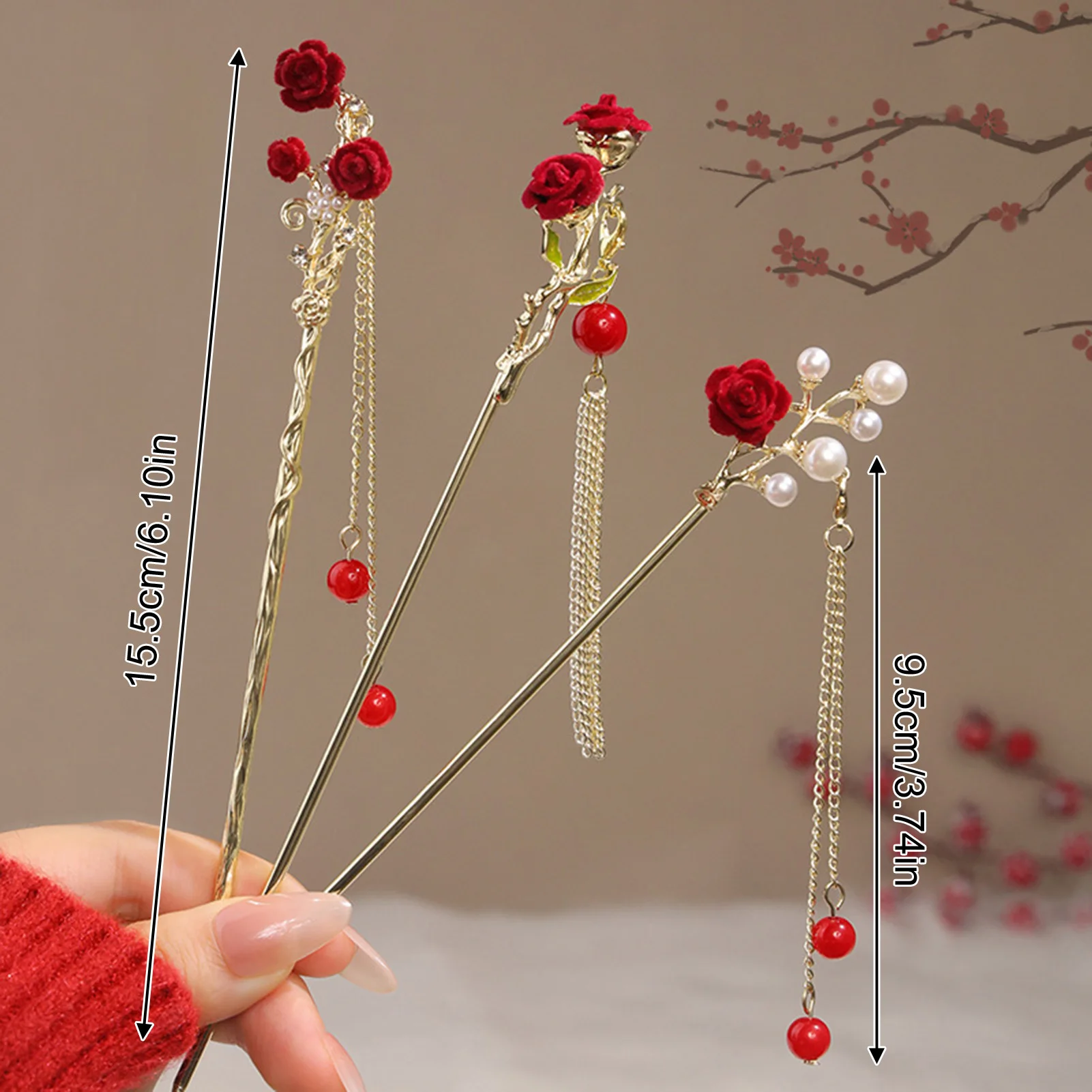 Grampo de cabelo com borla de flor vermelha, liga vintage para mulheres, meninas, grampo de cabelo, fantasia, estilo chinês, joias hanfu, acessórios para cabelo