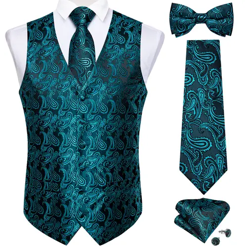 Men Black Paisley Vest Necktie Bowtie Pocket Square Cufflinks Dress Set жилетка мужская Classic 5 PCS Business Waistcoat for Man - Image 19