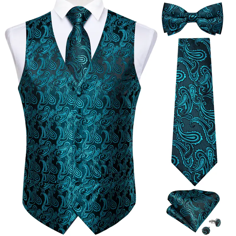Men Black Paisley Vest Necktie Bowtie Pocket Square Cufflinks Dress Set жилетка мужская Classic 5 PCS Business Waistcoat for Man - Image 19