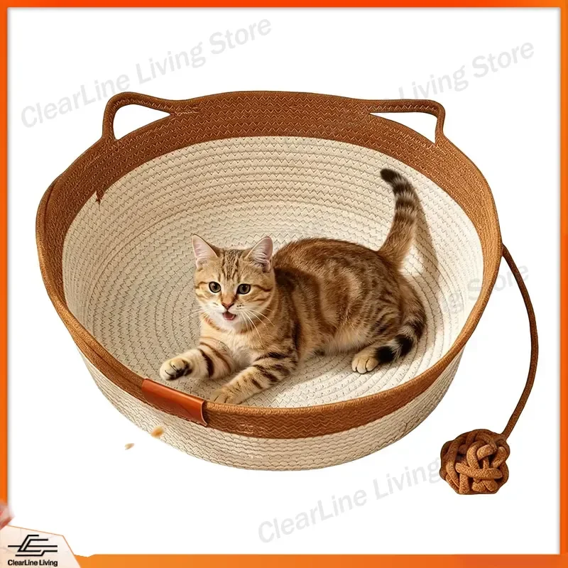 Handwoven Cotton Rope Cat Bed with Toy Tail and Cat Ear Design Interactive Enrichment Basket for Indoor Cats Soft Pet Nest