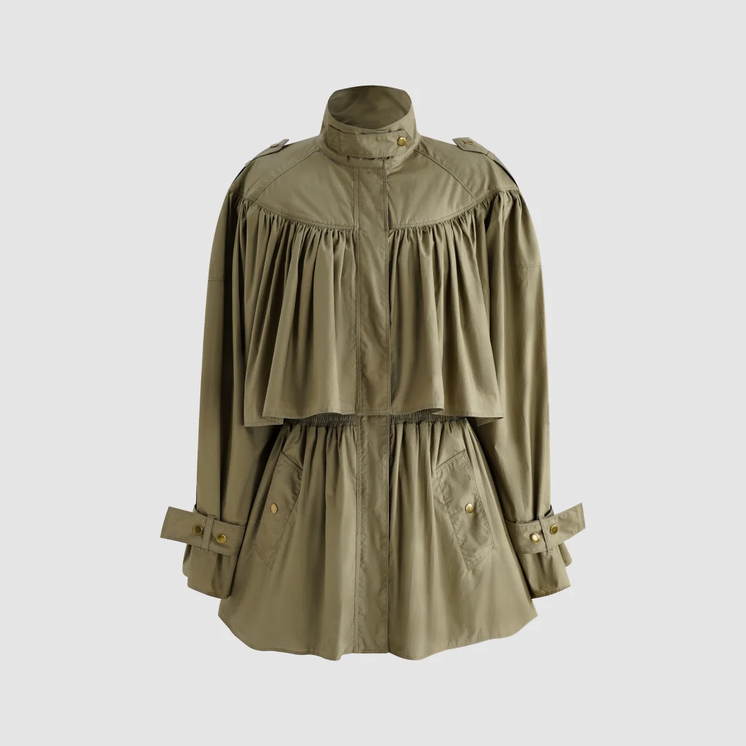 2026 Olive Green Cinched-Waist Trench Coat – Puff Sleeve Military Style Jacket with Gold Chain Belt Detail