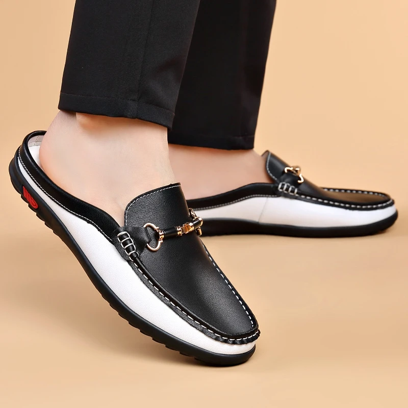 Breathable Half Shoes For Men Leather Slippers Trendy Loafers Backless Slip-ons Italian Designer Mocasines Hombre Mocassin Homme