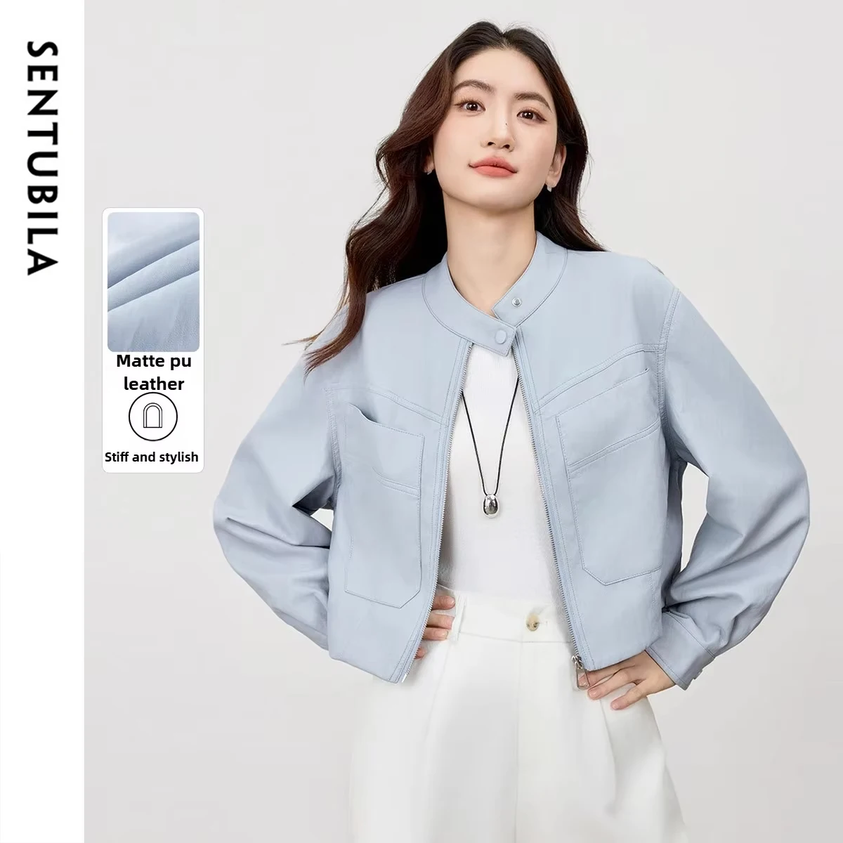 

SENTUBILA женская куртка из искусственной кожи, осень 2025 г., воротник-стойка, металлическая молния спереди, матовое текстурированное пальто, верхняя одежда для пригородных поездок W53GA3324