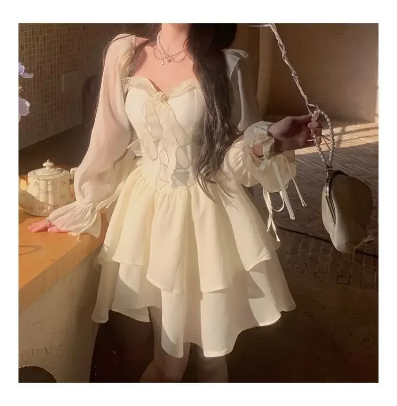 

Элегантное мини-платье Y2k, праздничное корейское платье Kawaii Lolita с бантом, женское платье весна-осень 2021, тонкое платье с рукавами-фонариками и бюстом