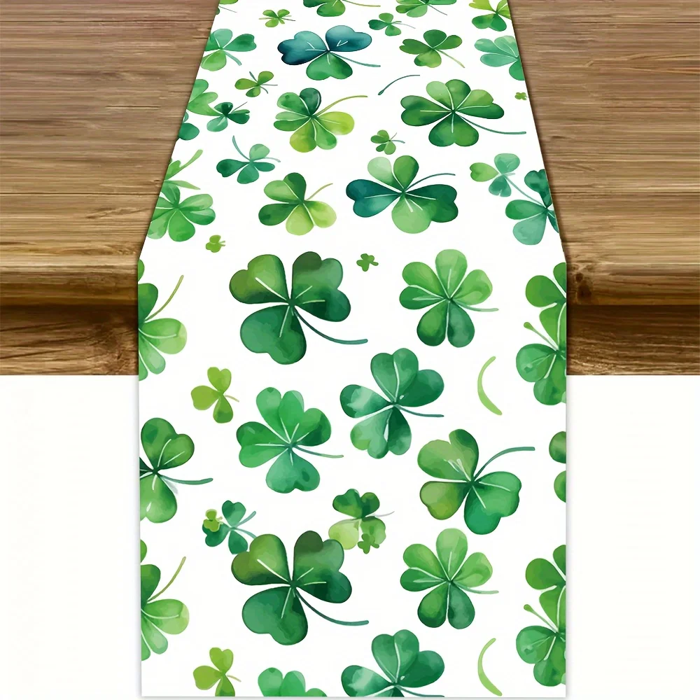

Скатерть-дорожка для стола с акварельным принтом клевера, 1 шт., 2D, односторонний принт, зеленый, декор для дома, талисман удачи, элегантный, функциональный, на тему Дня святого Патрика, прочный