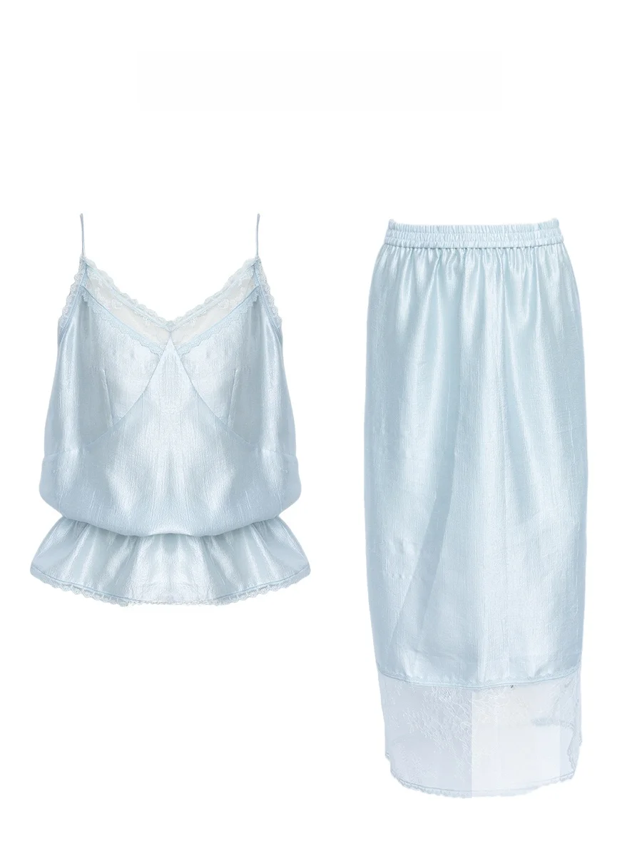 

NOTHING NINE Mist Clear Splicing Lace Acetate Top Half Skirt Fashion Set Women's V-neck Buttoning Loose Fit Summer Outfit