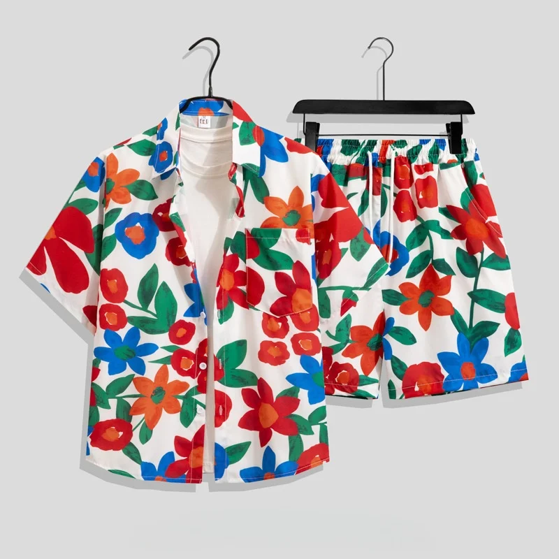 Summer Men's Hawaiian Beach Vacation Casual Suit Plus Size Loose Quick Drying Short Sleeve Floral Shirt Shorts Two Piece Set