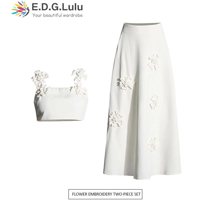 

EDGLuLu Womens 2 Piece Outfit Set Square Collar Sleeveless Camisole Top+High Waist A-Line Long Skirt White 3d Flower Suit 0721