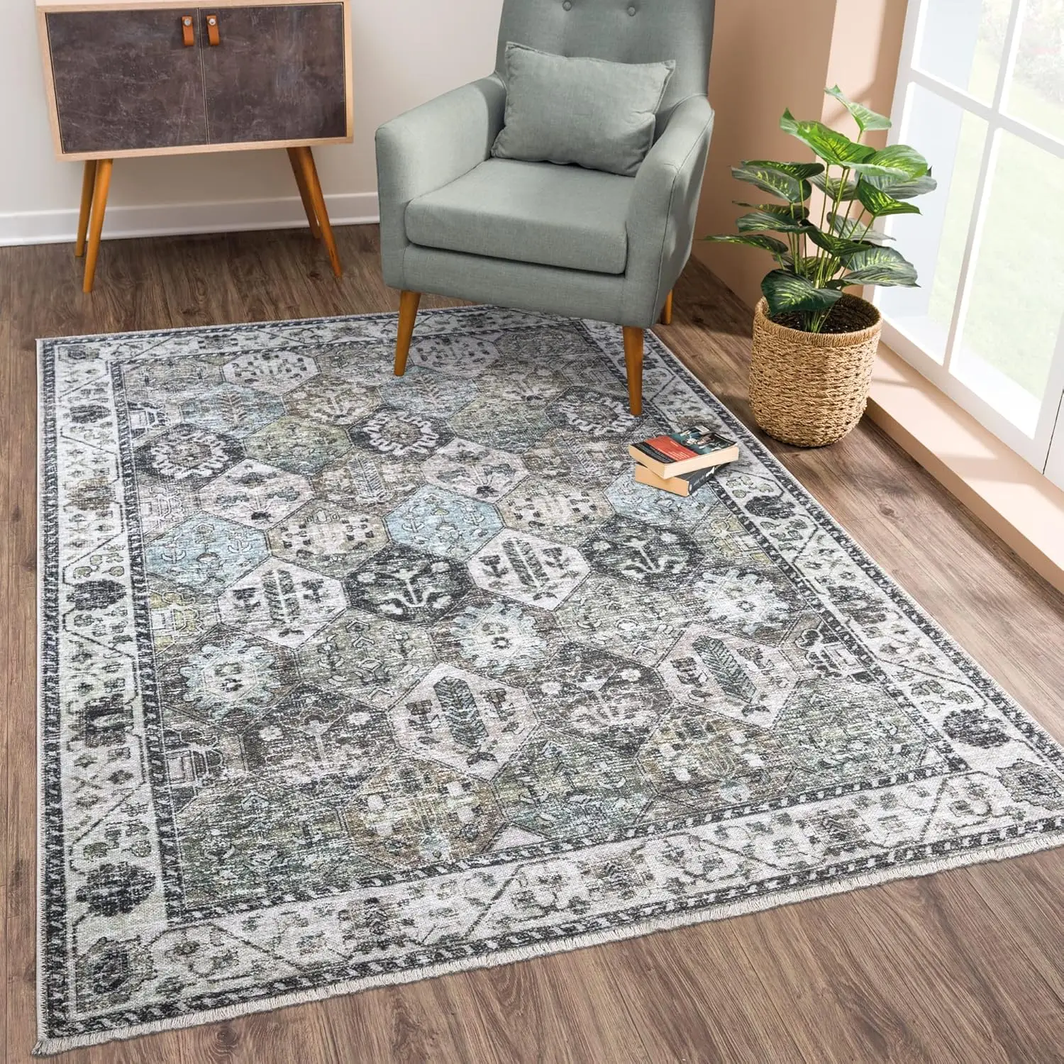 Bloom Rugs Caria Washable Non-Slip 9X12 Rug - Beige/Olive Traditional Area Rug For Living Room, Bedroom, Dining Room, And