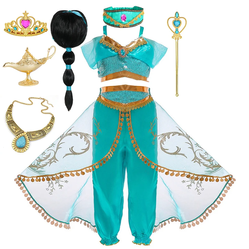 2024 Jasmine Girls Princess Dress Birthday Party Halloween Cosplay Aladdin Magic Lamp Costume for 3-10 Years Old Kids Vestidos