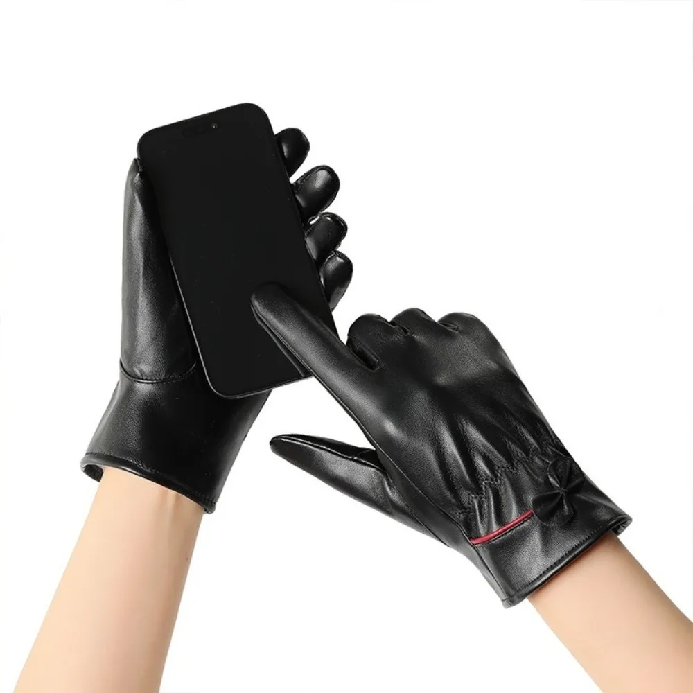 

New PU Leather Winter Gloves Touchable Screen Warm Driving Mittens Waterproof Full Finger Skiing Gloves Women