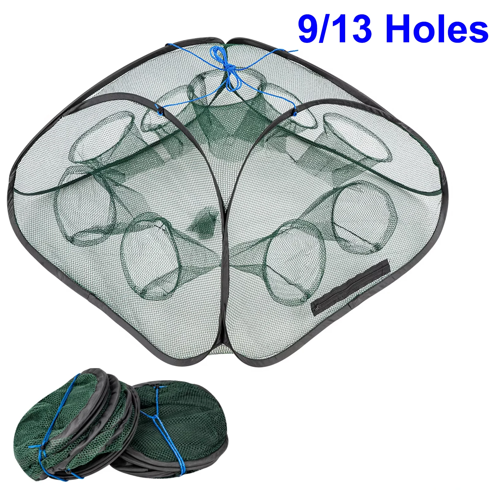 Qualy 1 piece Folding Fish Shrimp Cage 9/13 Holes Mesh Portable Fishing Net Cage Crayfish Catcher Casting Fish Network Crab