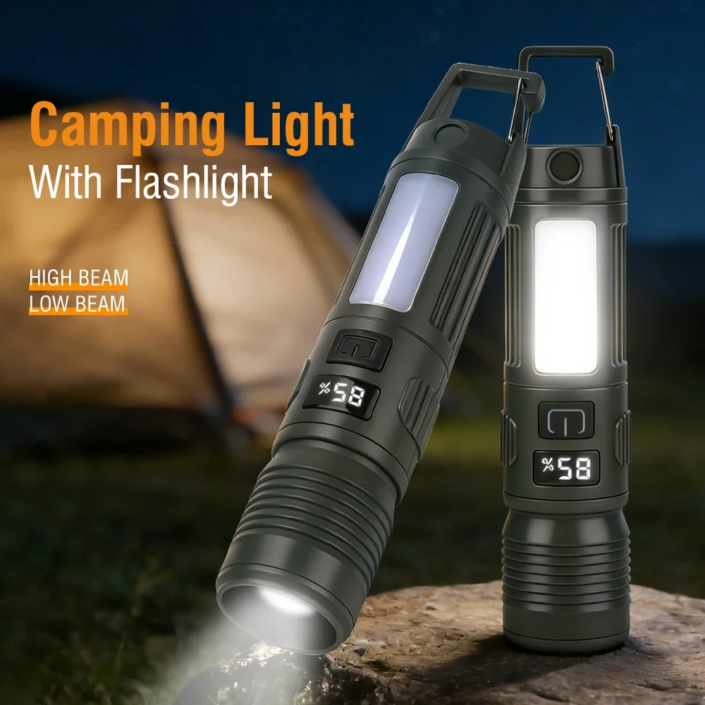 BORUiT Zoomable Flashlight Digital Power Display Type-C Rechargeable 18650 Battery Waterproof Camping Hiking Emergency Torch