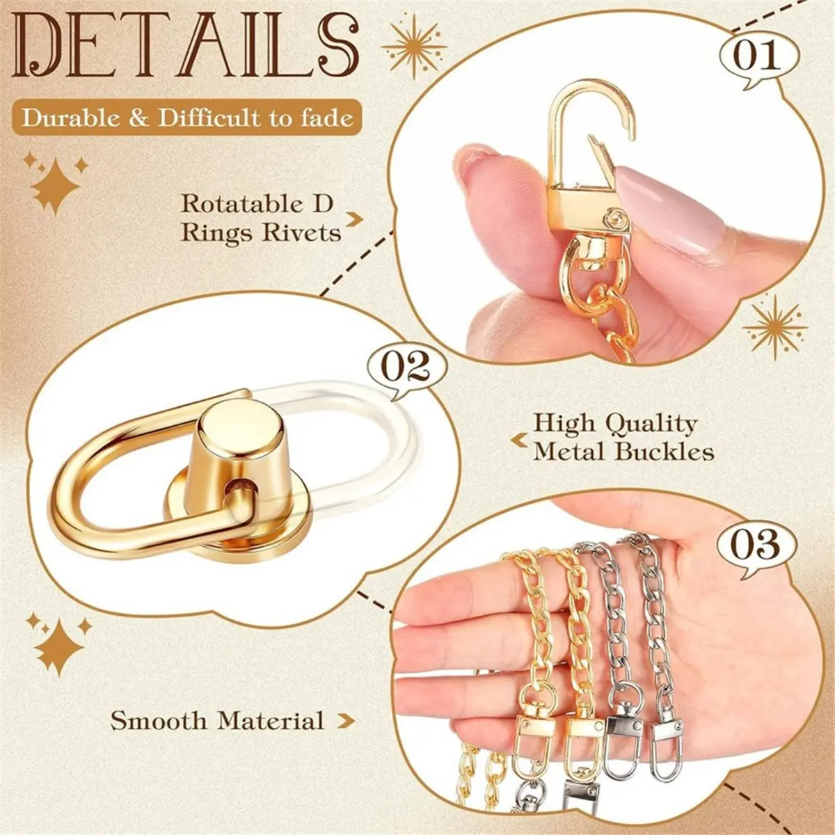 NOCM 8 Pcs Purse Chain Strap for Handbag, with 16 Pcs Studs D Ring, 4 Colors 7.9 in Extender, 16 Pcs Studs Rivets D Ring