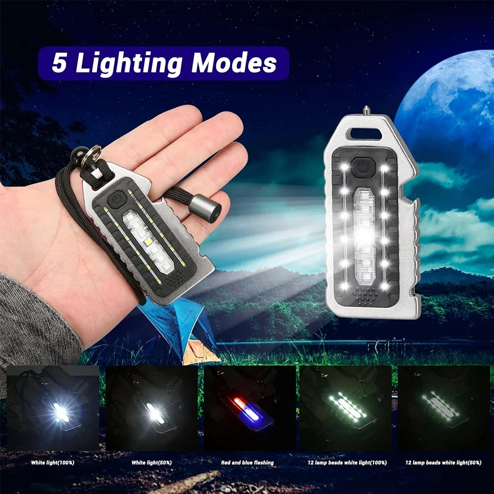 COB EDC Flashlight, 500Lumens Bright Rechargeable Keychain Mini Flashlight, 5 Light Modes LED Red Blue Shoulder Police Light