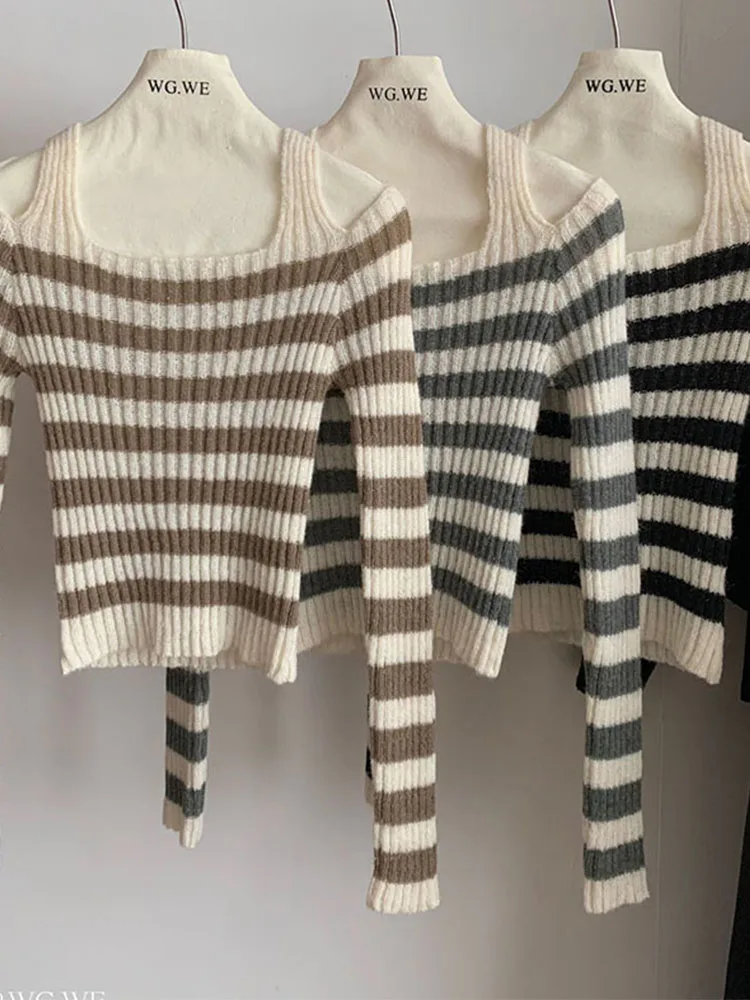 Sweet Preppy Style Classical Striped Sweater Women Halter Knitted Pullover High Street Casual Jumper Japanese Y2k Autumn Winter