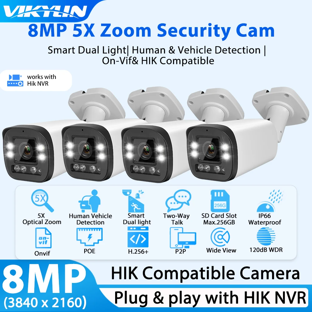 Vikylin 8MP 5X Zoom Security Camera Color Night for Hikvision Compatible Two way Audio Human Vehicle Detect Home CCTV IP Camera