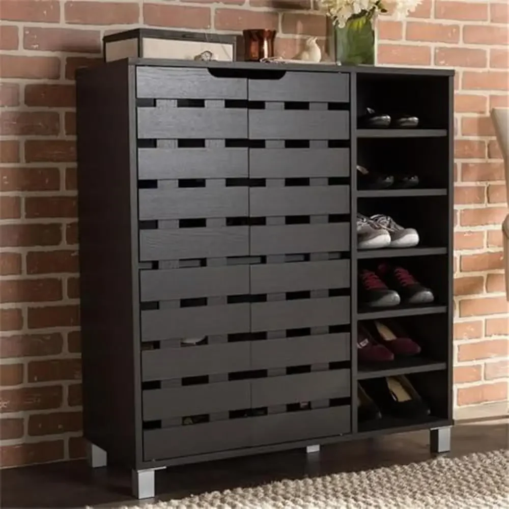 Modern & Contemporary Wood Shoe Cabinet 2-Door with Open Shelves Dark Brown 18 Pairs Storage Capacity Easy Open Doors Ventilated