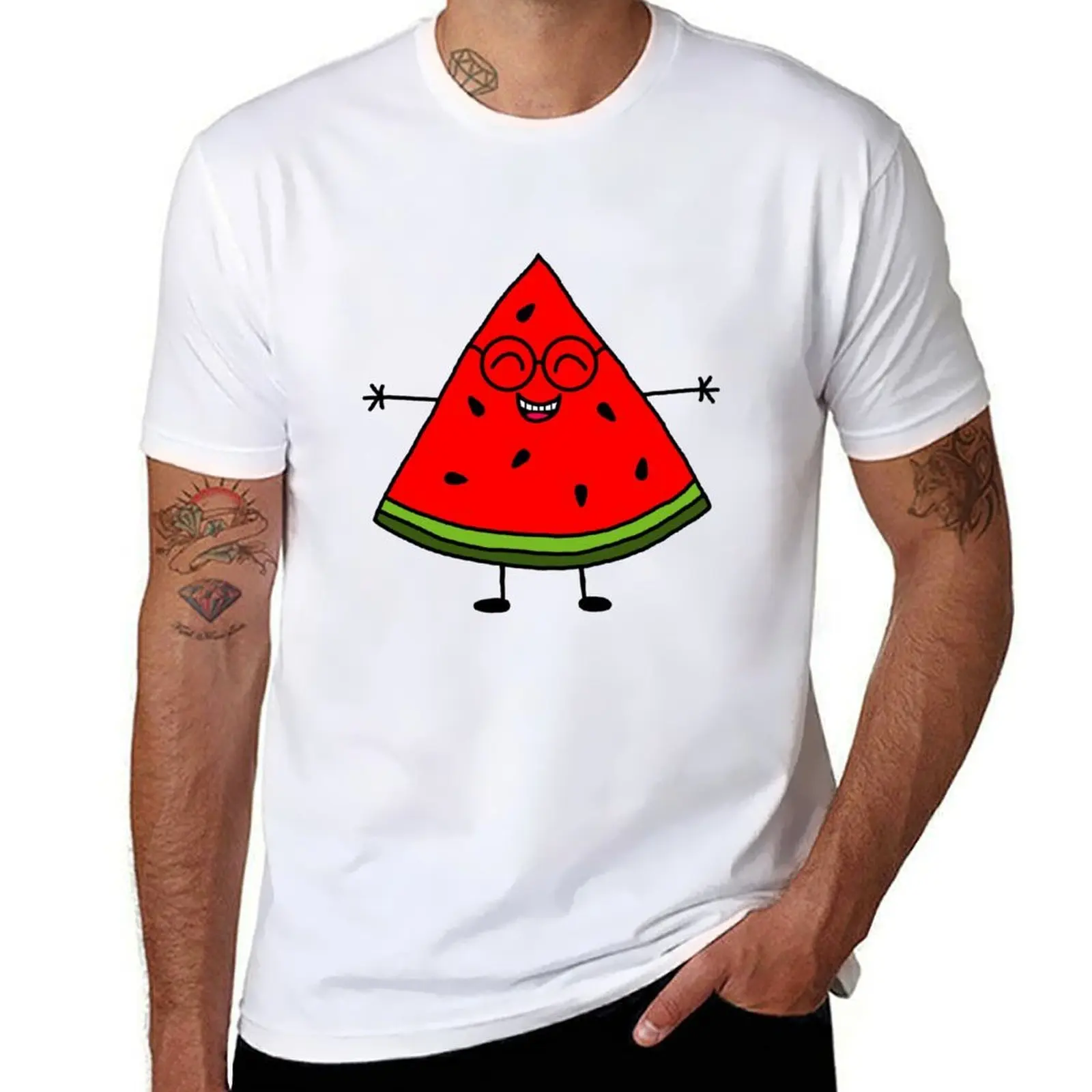 

Hugging Watermelon Slice with Glasses T-Shirt man t shirts for men funny t shirts cotton T-Shirt